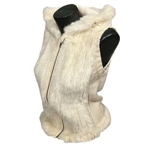 BCBGMAXAZRIA Womens Cream Rabbit Fur Knit Hooded Vest Small Zip Up Cable Knit